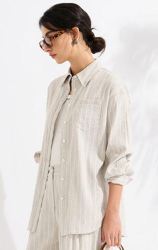 Beige vertical striped relaxed shirt with button placket and tab cuff detail