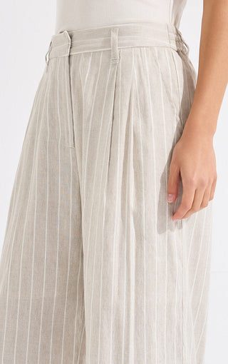 Beige striped wide-leg pants, elastic waistband with gathered pleats and belt loops
