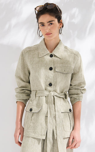 Light greige button-front linen jacket with tie belt and flap chest pocket