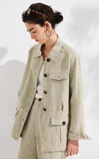 Light greige linen utility tie-waist jacket in angled front view with flap pockets