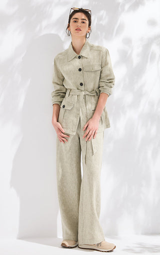 Light greige linen tie-waist utility jacket with button front and flap pockets, full look