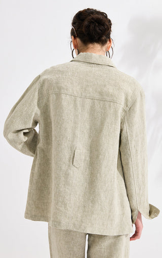 Back view of light greige linen utility tie-waist jacket with flap pockets