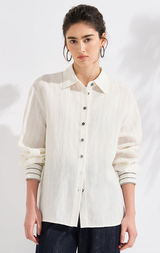 Ivory vertical stripe linen shirt with button-front and silver beaded accents at placket