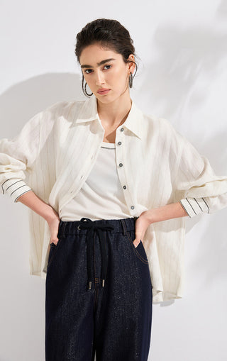 Ivory vertical stripe linen shirt open with button-front and silver beaded details