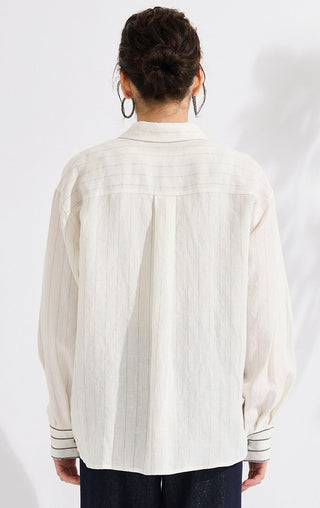 Back view ivory vertical stripe linen shirt with full-length button placket and yoke seam