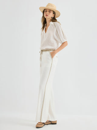 Linen Blend Pants with Contrast Waist Trim