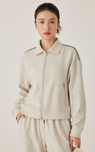 Combed Cotton Zip Jacket with Contrast Shoulder Trim