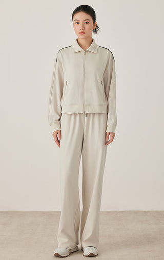 Oatmeal zip-front jacket with stand collar, long sleeves, and ribbed hem cuffs