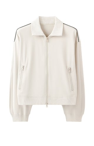 Oatmeal zip-front jacket with stand collar, two chest zippers, and ribbed cuffs