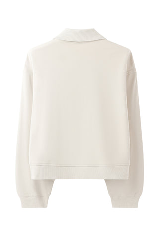 Oatmeal back view zip-front jacket with ribbed hem and ribbed cuffs