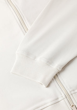 Oatmeal jacket sleeve cuff detail with ribbed knit and front zipper tape