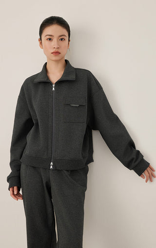 Dark gray cotton-blend zip jacket, stand collar, front zip and chest pocket