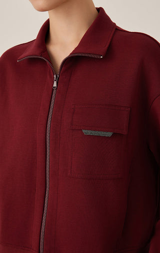 Burgundy zip jacket close-up: metal zipper, stand collar, chest pocket
