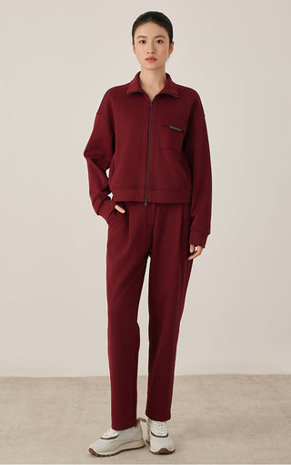 Burgundy cotton-blend zip jacket with matching pants, front zip