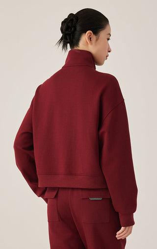 Burgundy zip jacket back view, stand collar and ribbed hem cuffs