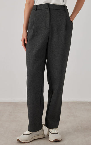 Dark gray cotton-blend straight-leg pants with belt loops and side pockets