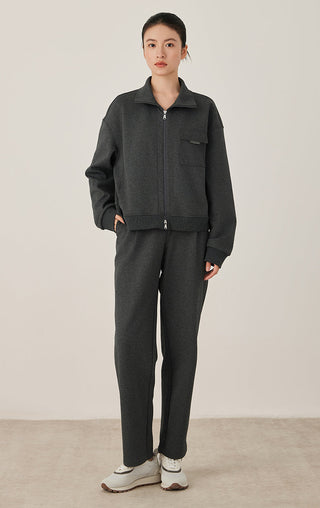 Dark gray cotton-blend straight-leg pants with covered elastic waistband and pockets