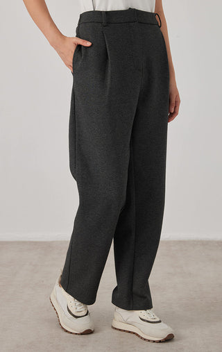 Dark gray straight-leg pants with front crease, belt loops, and tapered leg