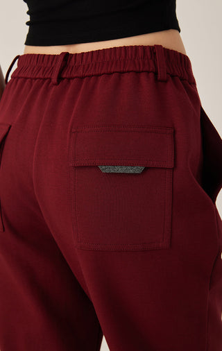 Ankela Red straight-leg pants, back pocket with beaded trim accent