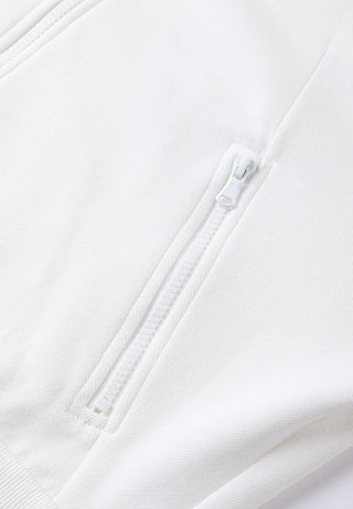 White zip-up hoodie zipper detail with stitched placket