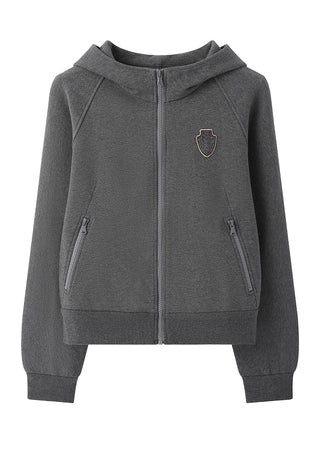 Dark grey zip-up hoodie with shield crest badge and front zipper