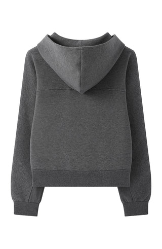 Dark grey zip-up hoodie with hood and ribbed cuffs and hem