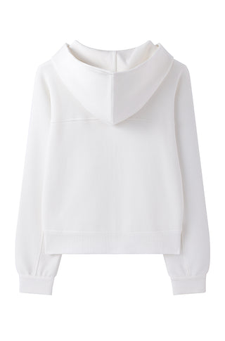 White zip-up hoodie with ribbed hem, kangaroo pocket, and hood
