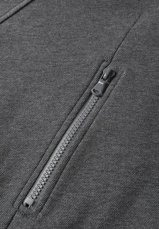 Dark grey hoodie front zipper with metal pull and stitched teeth