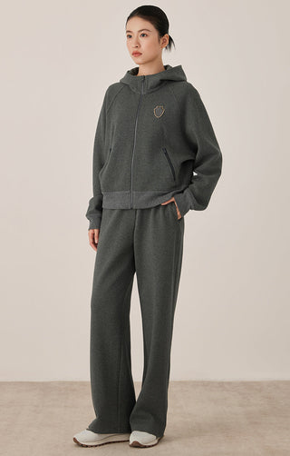 Dark gray zip-up hoodie with hood and beaded shield crest badge; full front with front pockets.