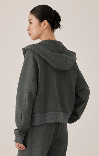 Dark gray zip-up hoodie back view with hood, relaxed sleeves, and stitched seams.