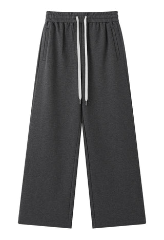 Gray cotton-blend relaxed lounge pants with elastic waistband and white drawstring