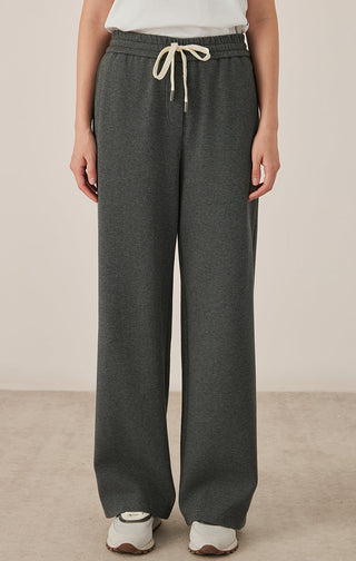 Gray cotton-blend relaxed lounge pants with drawstring elastic waist and wide legs