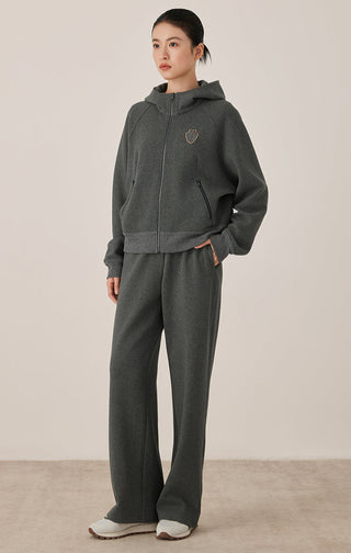 Gray women’s relaxed lounge pants with drawstring waist and wide leg silhouette