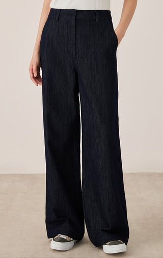 Black cotton-blend wide-leg tailored pants with front crease and belt loops
