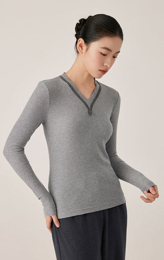 Gray ribbed V-neck long-sleeve top, slim fit