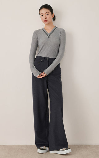Gray ribbed V-neck long-sleeve top with fitted hem