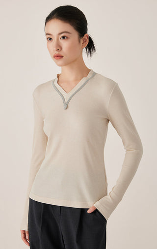 Oatmeal long-sleeve ribbed top with V-neck and contrast trim