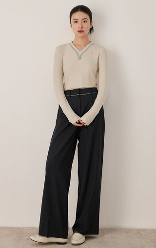 Oatmeal ribbed long-sleeve V-neck top with contrast trim, full view