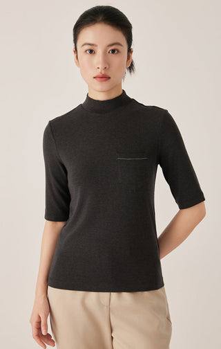 Tencel Blend Women's Mock Neck Knit Top with Pocket Detail