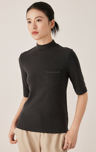 Tencel Blend Women's Mock Neck Knit Top with Pocket Detail