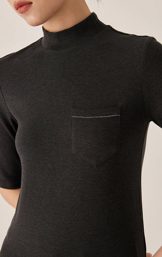 Tencel Blend Women's Mock Neck Knit Top with Pocket Detail