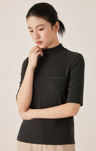 Tencel Blend Women's Mock Neck Knit Top with Pocket Detail