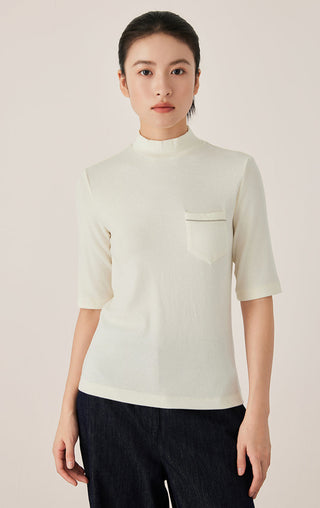 Tencel Blend Women's Mock Neck Knit Top with Pocket Detail