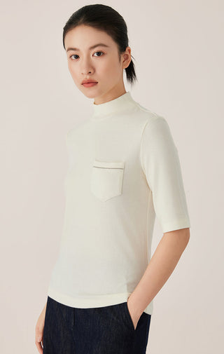Tencel Blend Women's Mock Neck Knit Top with Pocket Detail
