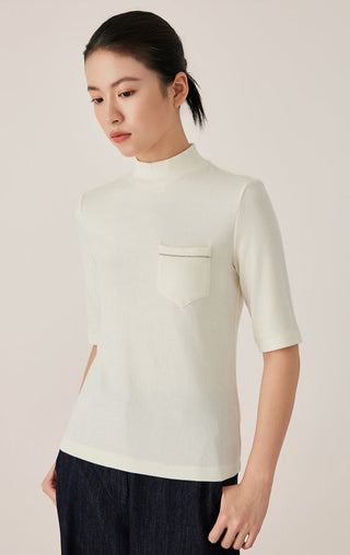 Tencel Blend Women's Mock Neck Knit Top with Pocket Detail