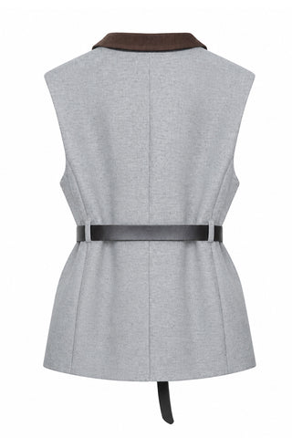Grey tailored belted wool-blend vest, back view with brown collar and waist belt