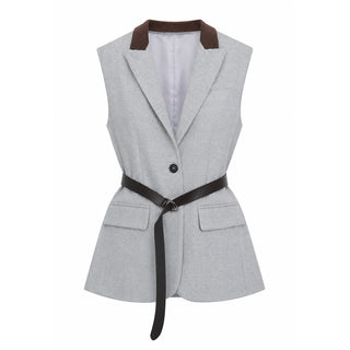 Grey tailored wool-blend vest with front button, notched lapels, and brown waist belt