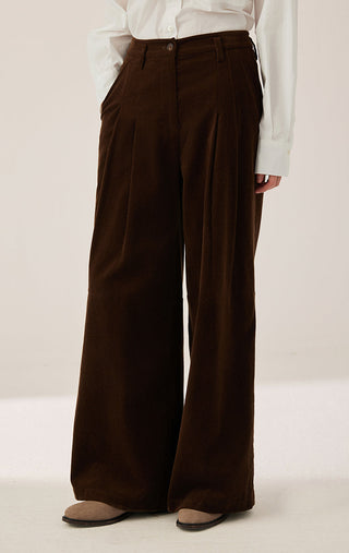 Dark brown corduroy wide-leg pants with pleat detail at waistband