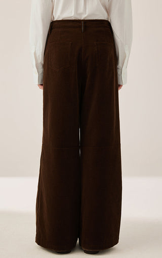 Dark brown corduroy wide-leg pants, back view with two patch pockets