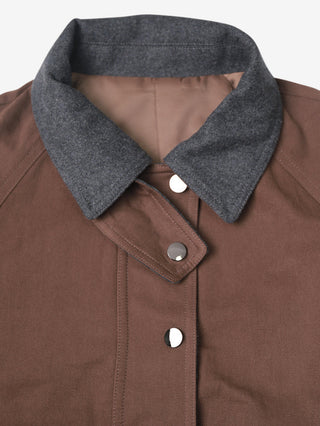 Brown stand-collar jacket close-up with dark collar, button placket, and metal snaps